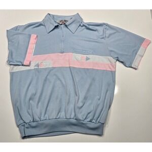 Vintage Free Life Men's Light Blue‎ Pink Geometric Short Sleeve Polo Shirt 1238